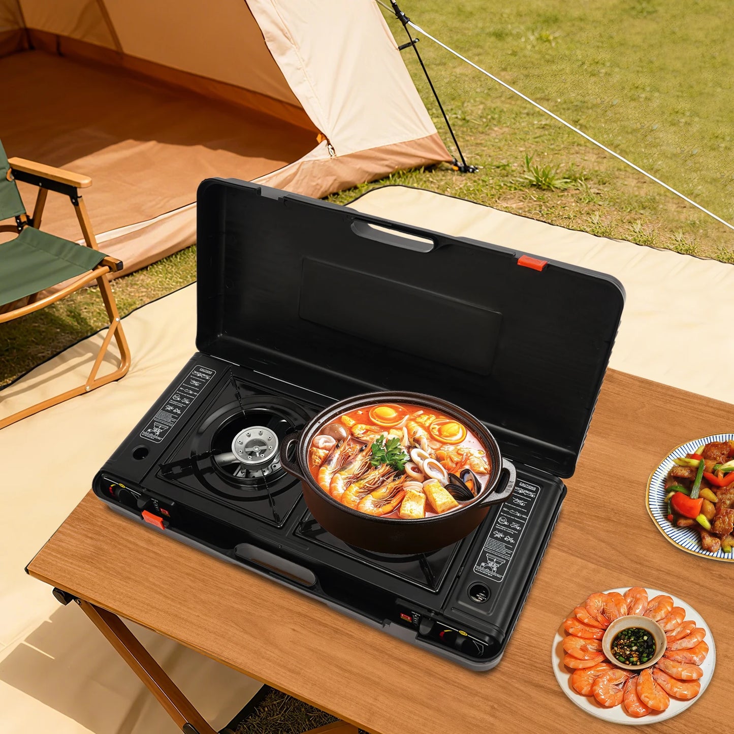 Portable 2 Burner Gas Stove With Piezo Ignition Carrying Case