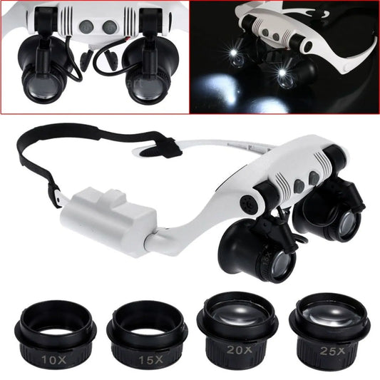 2XLED Watch Jeweler Repair 9892G - 3A Magnifier Head-Mounted Adjustable Magnifying Head Eye Glasses Loupe Lens 10x15x20x25