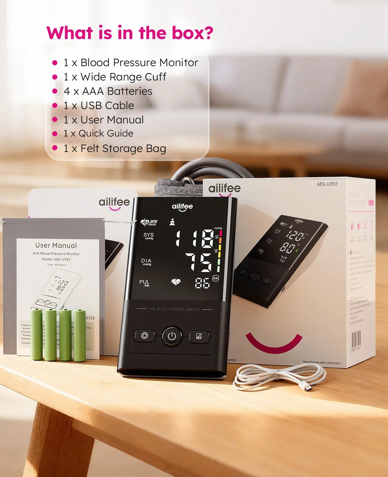 AILIFEE Upper Arm Blood Pressure Monitor with Backlit LED Display