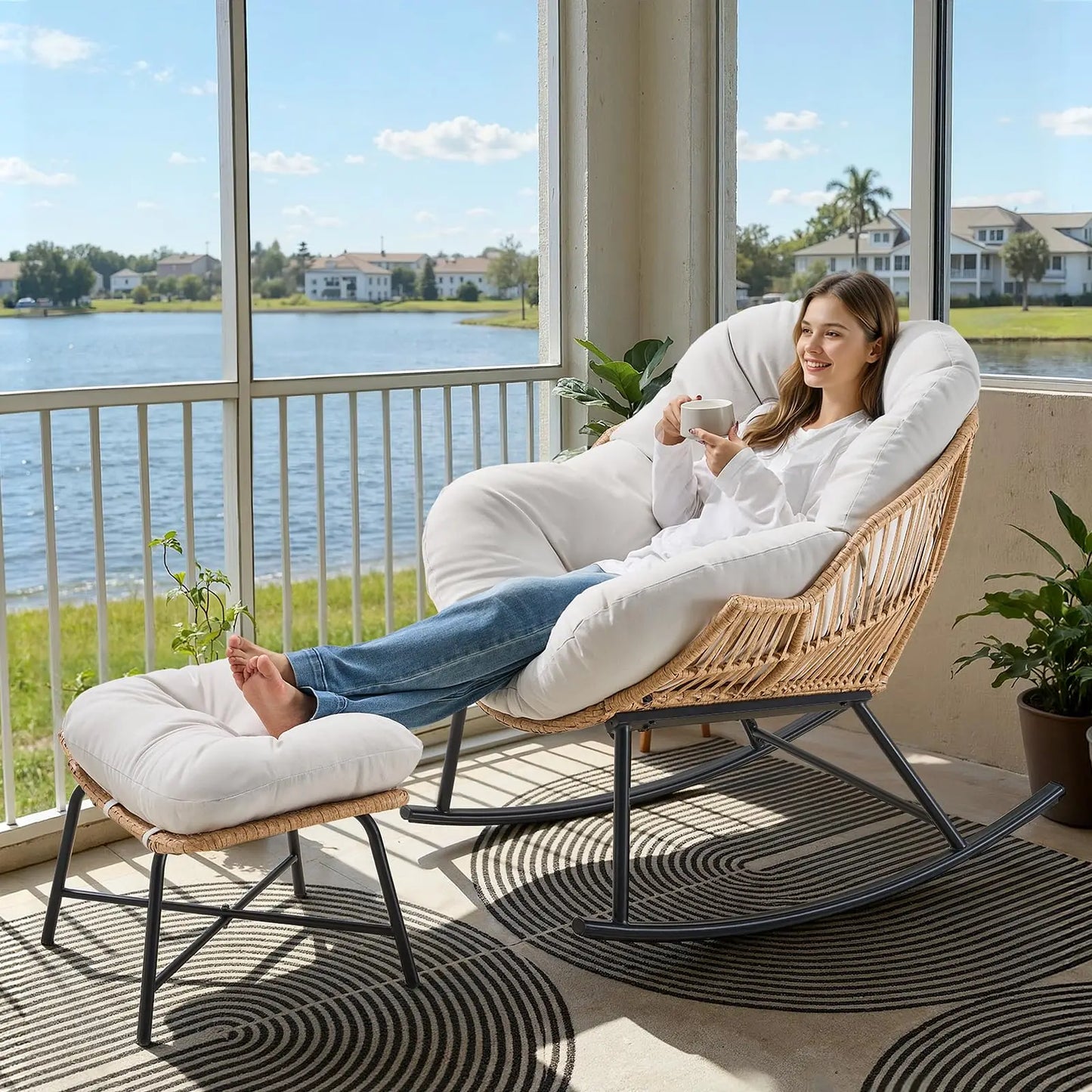 ONBRILL Oversized Papasan Rocking Chair With Ottoman Patio Lounge