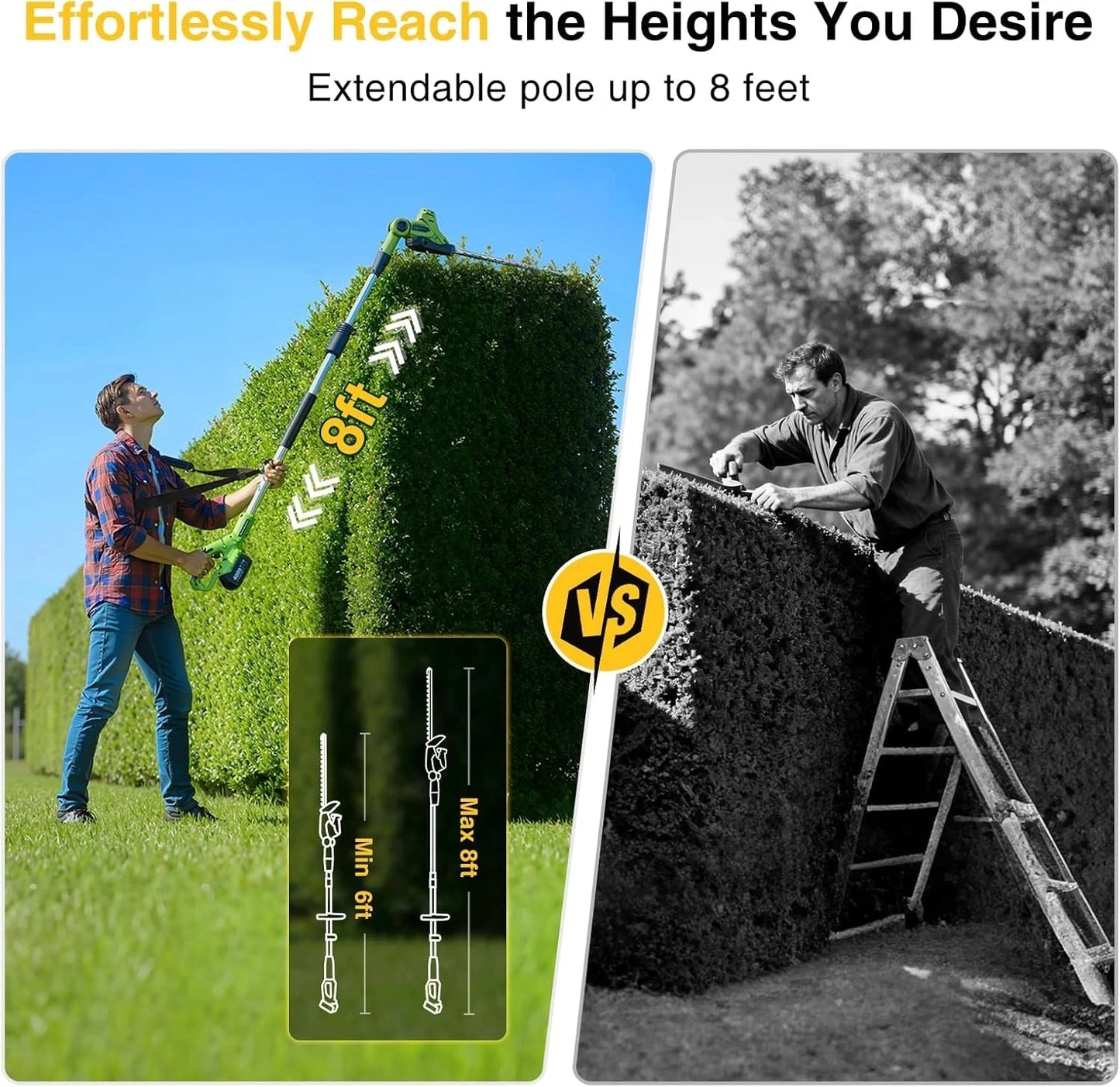 TaskStar Long Reach Cordless Hedge Trimmer With Dual 4000mAh Batteries