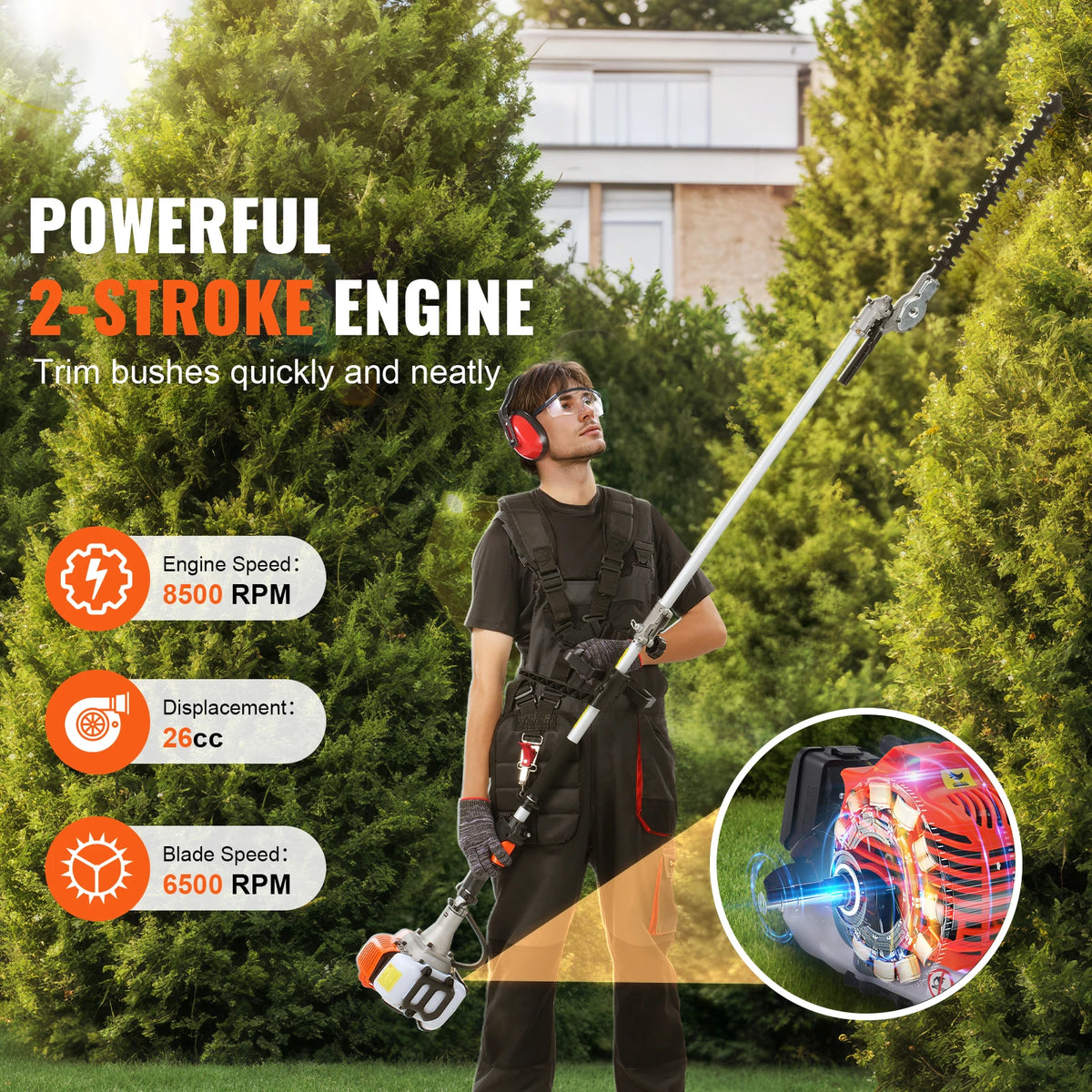 SucceBuy 5-in-1 Gas Garden Trimmer Hedge Trimmer Pole Saw Combo