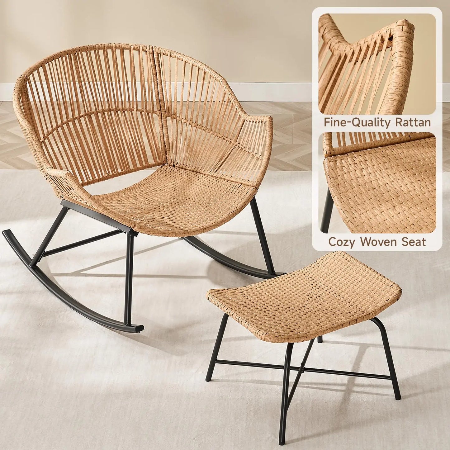 ONBRILL Oversized Papasan Rocking Chair With Ottoman Patio Lounge
