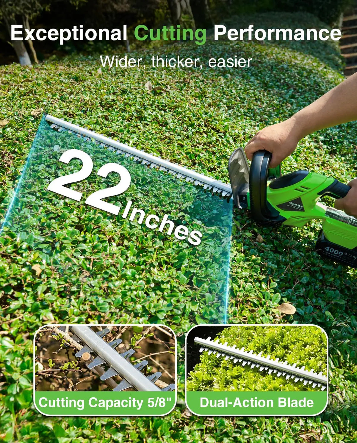 TaskStar Cordless Brushless Hedge Trimmer with Double Edge Blade