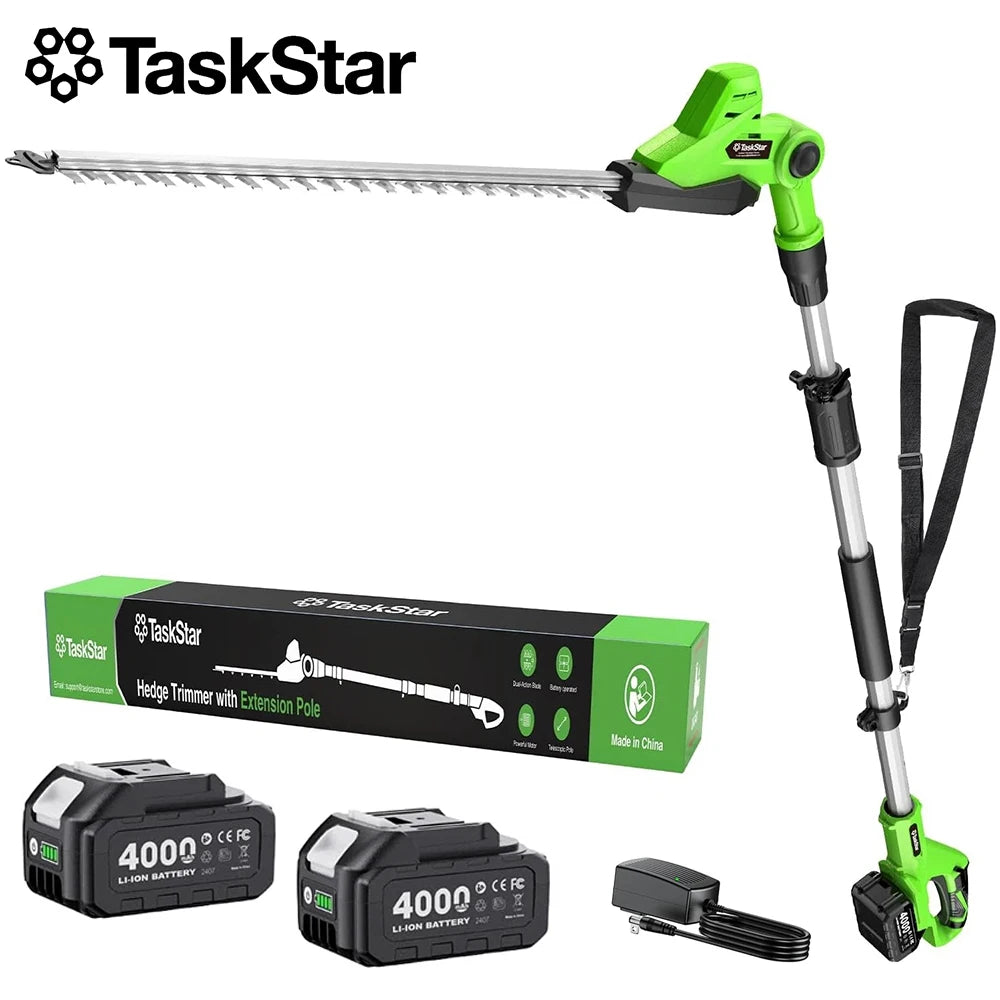 TaskStar Long Reach Cordless Hedge Trimmer With Dual 4000mAh Batteries