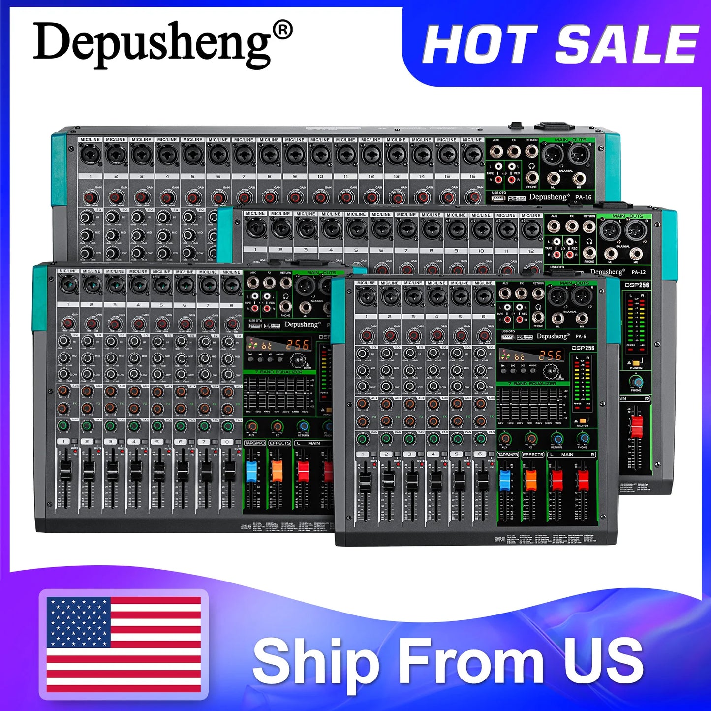 Depusheng 6/8/12/16 Channels Audio Mixer USB 48V Phantom Power