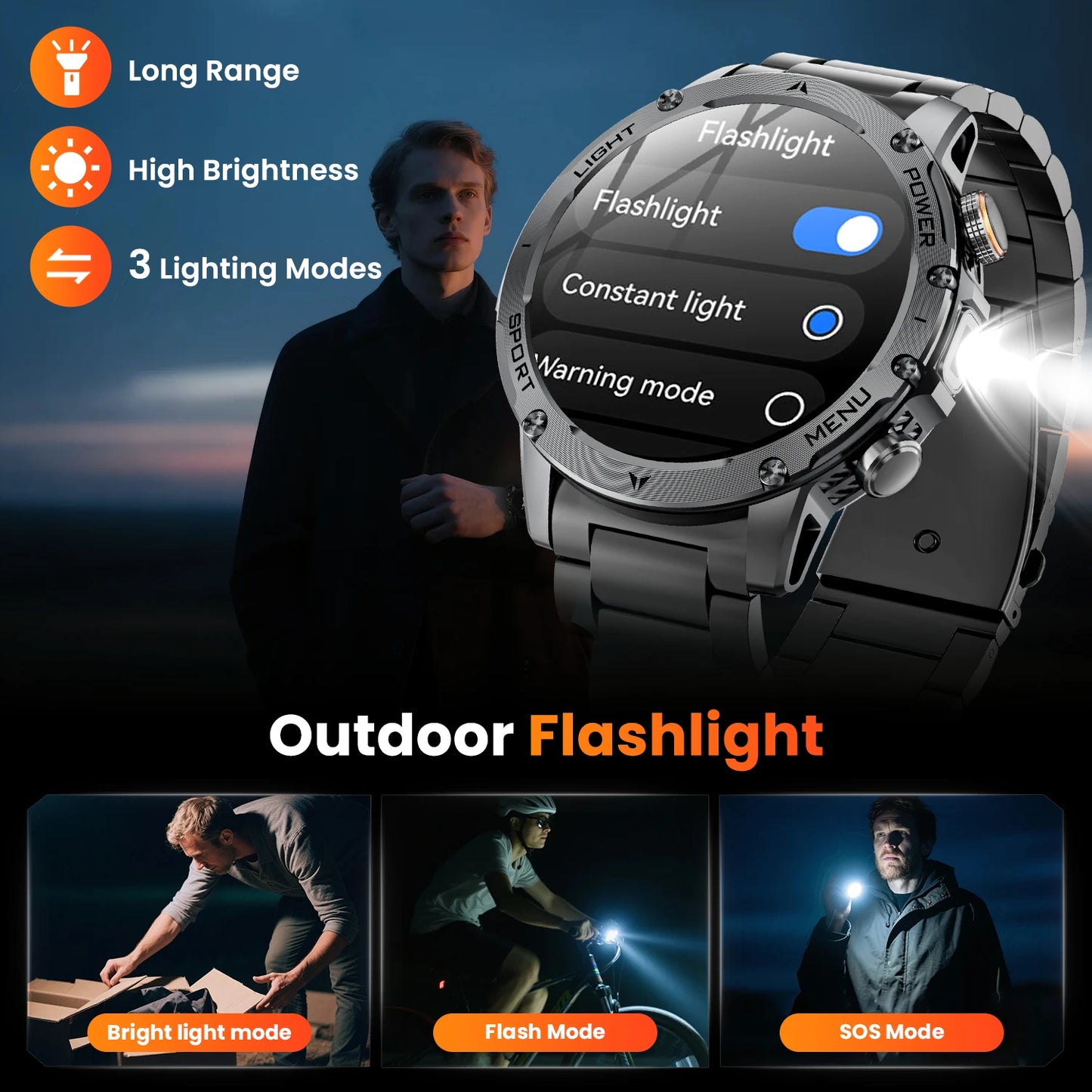 Military Style Smart Watch For Men Bluetooth Call Health Monitor