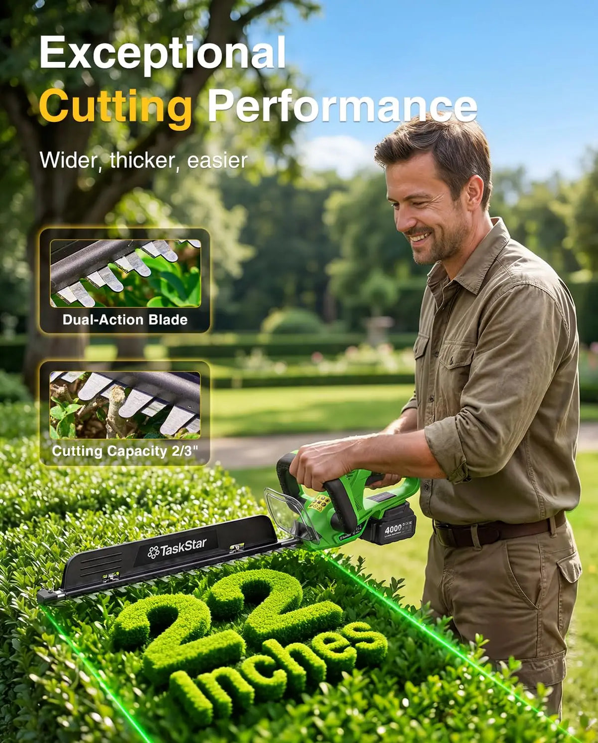 TaskStar Cordless Electric Hedge Trimmer With Dual Action Blade