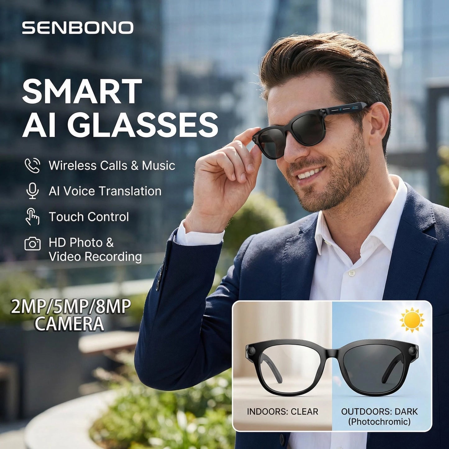 SENBONO AI Glasses With Camera 4K Video AI Translation