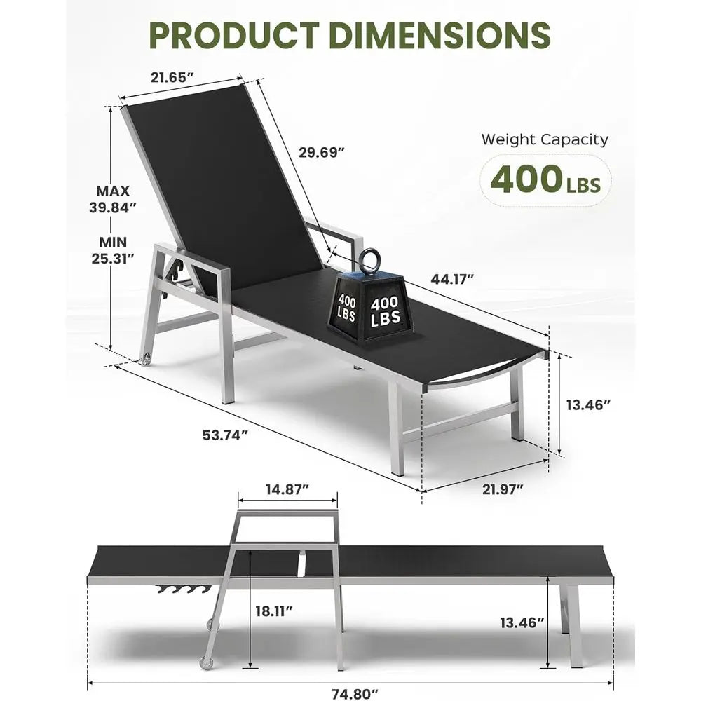 Aluminum 5 Position Reclining Chaise Lounge Chair With Armrests And Wheels