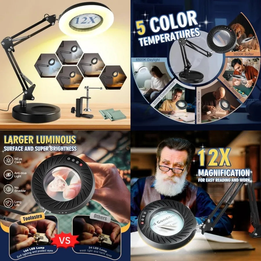 LED Desktop Magnifying Glass Lamp With Stand And Dimmable Lighting