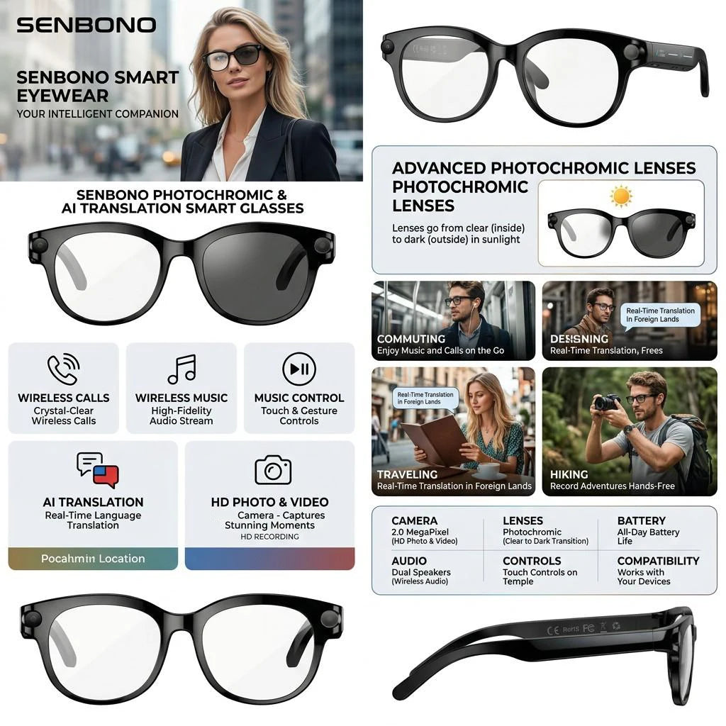 SENBONO AI Glasses With Camera 4K Video AI Translation