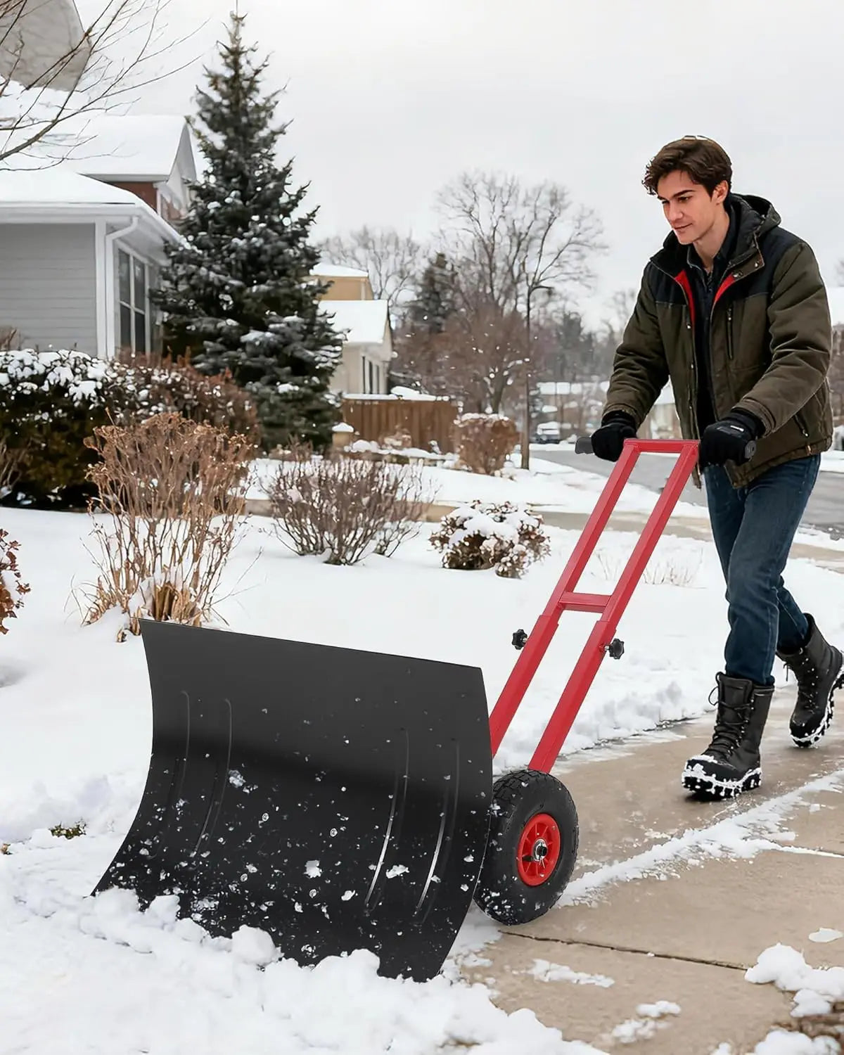 Heavy Duty Snow Shovel with Wheels, Steel Dual Handle Push Snow Pusher Shovel, 5-Position Angle & Height Adjustable Handle