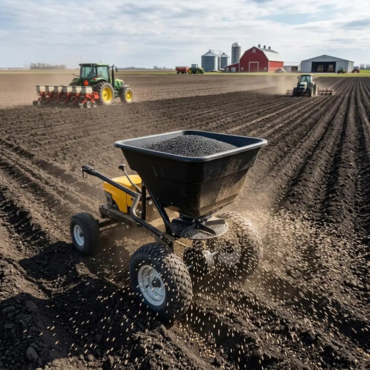 Tow Behind Broadcast Spreader for Lawn Seed Fertilizer and Salt