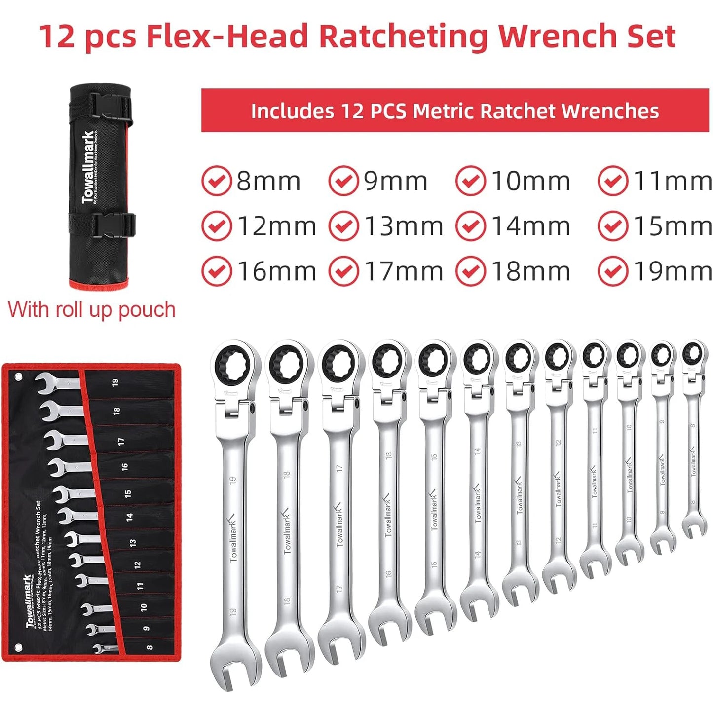 HiMISS 12-Piece Flex-Head Ratcheting Wrench Set With Bag