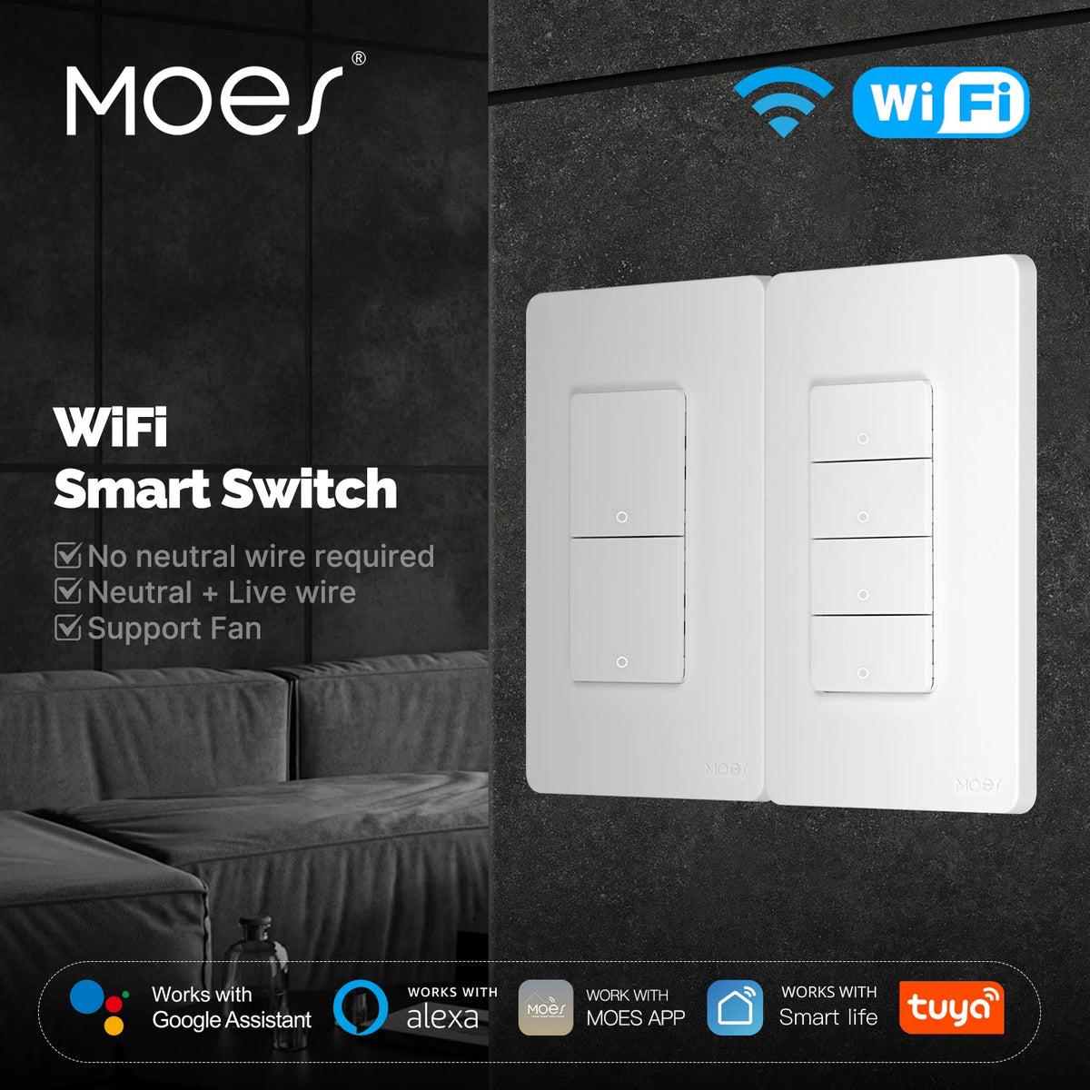 MOES Tuya WiFi Smart Button Wall Switch Alexa Google Compatible