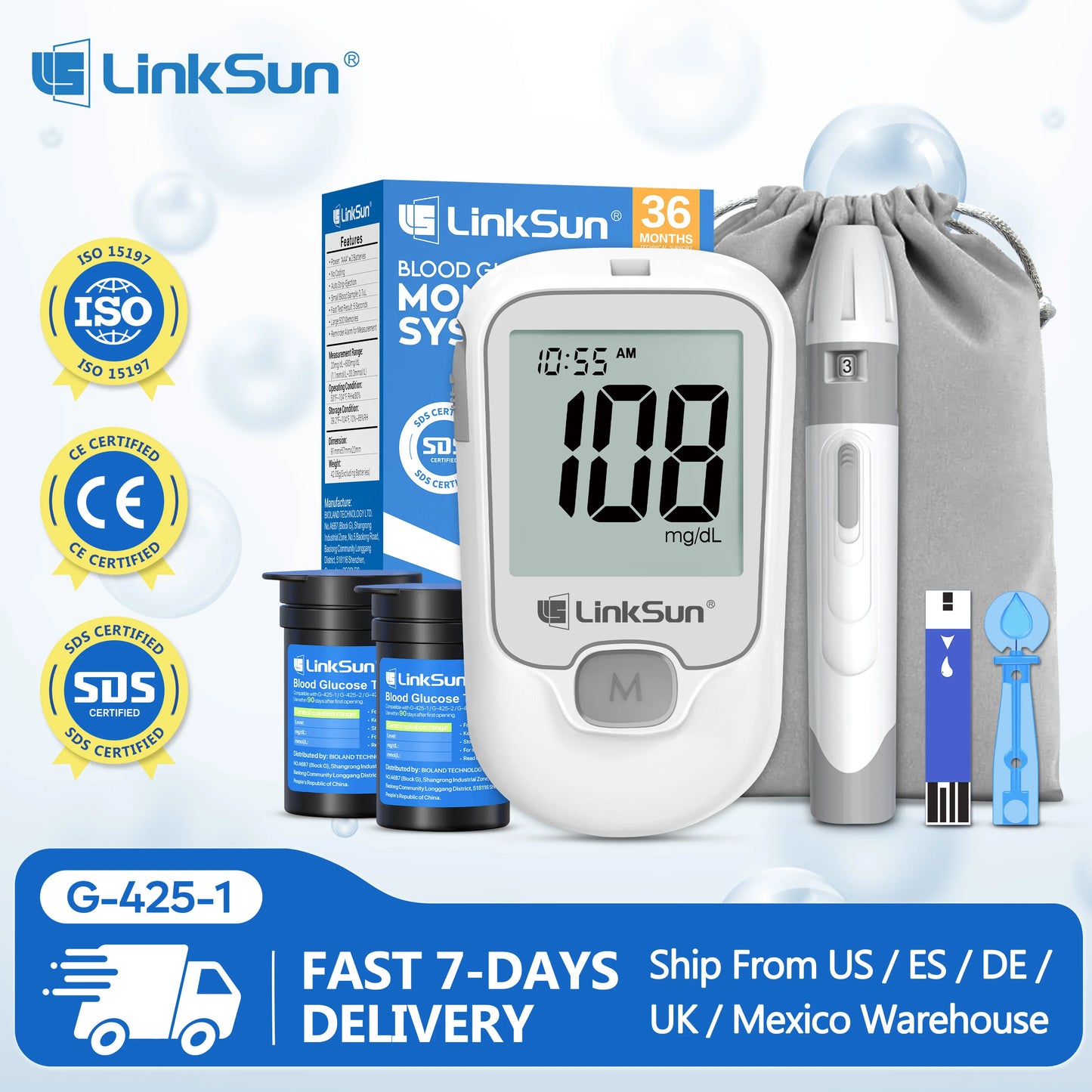 Linksun Blood Glucose Monitor G-425-1 Lancing Device Diabetes Kit
