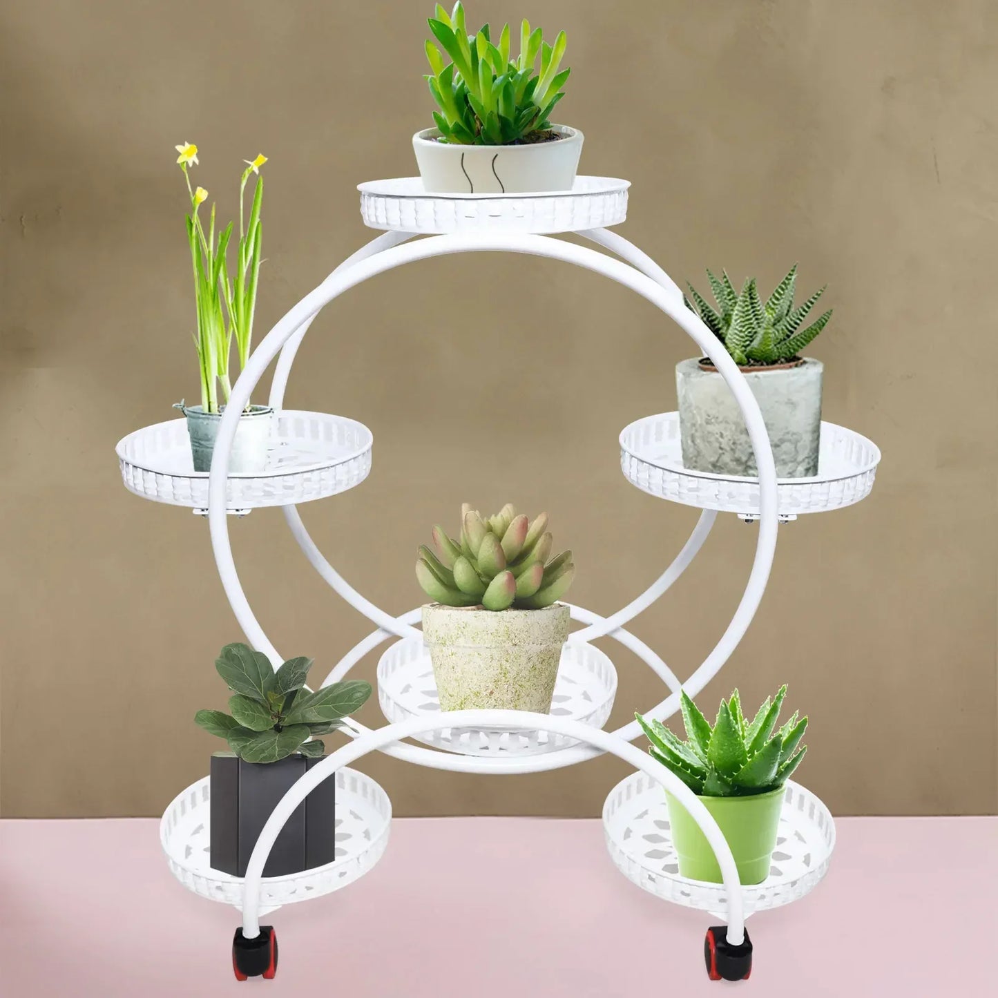 Metal Flower Rack For 6 Pots 4 Tier Display With Wheels