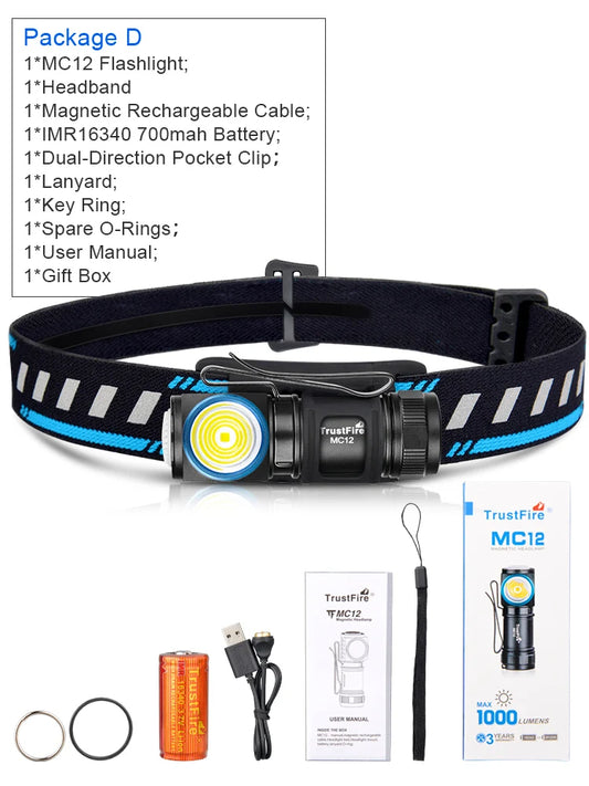 TrustFire MC12 EDC Headlamp 1000 Lumen Rechargeable LED XPL HI