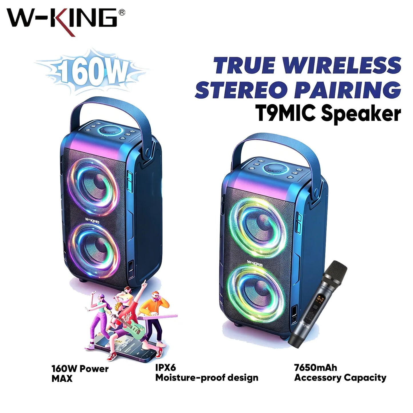 W-KING 80W Wireless Speaker With Microphone RGB Lighting Bluetooth