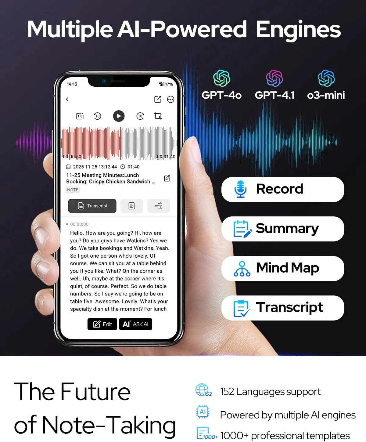 Voice Activated Recorder AI Note Taking Device With 152 Languages 64GB