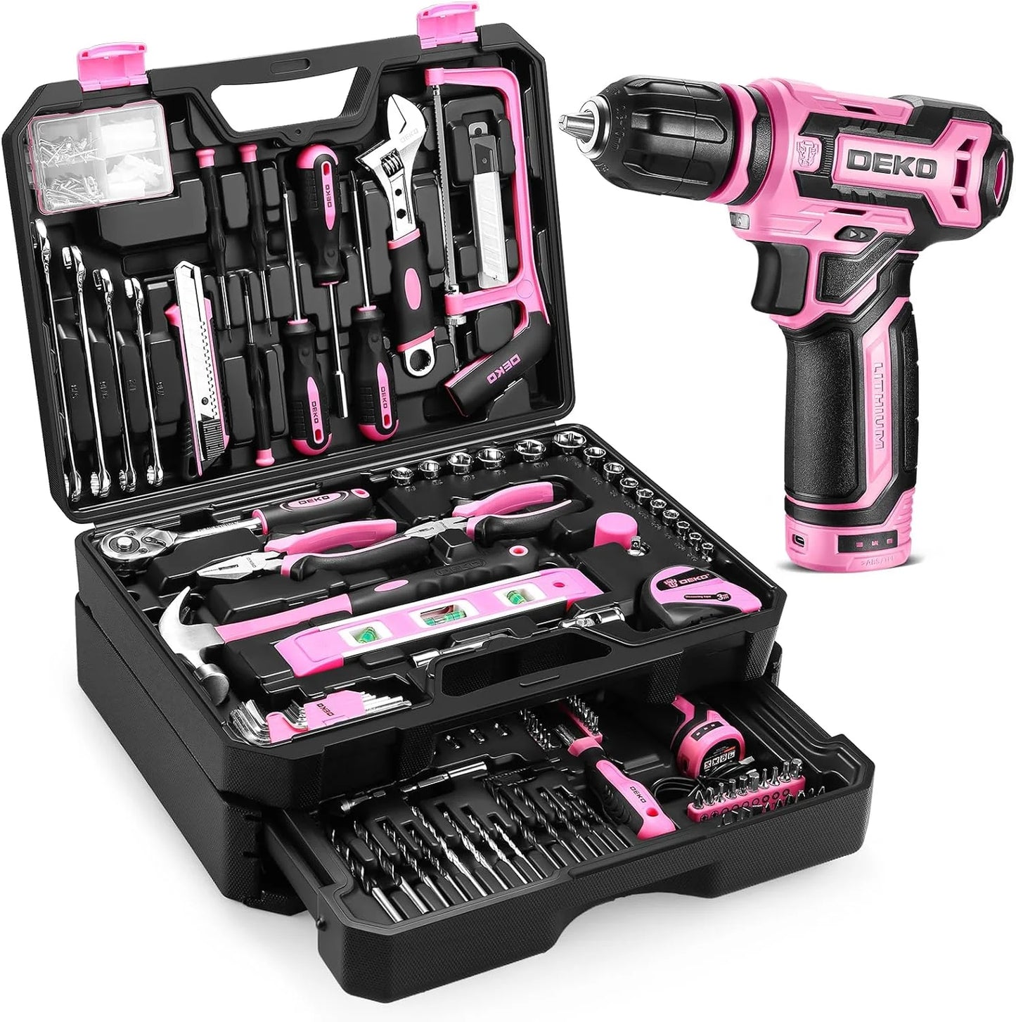 Deko 12V Cordless Drill And Home Mechanic Toolbox Storage Kit