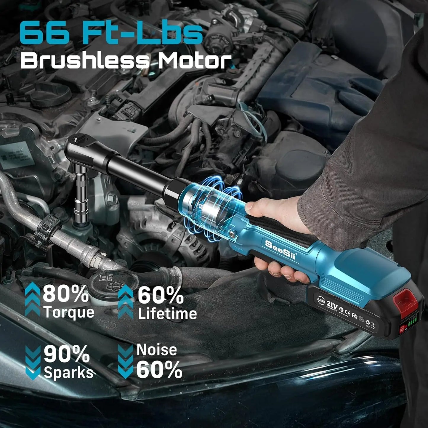 Seesii 21V Extended Cordless Ratchet Wrench 80Nm Brushless