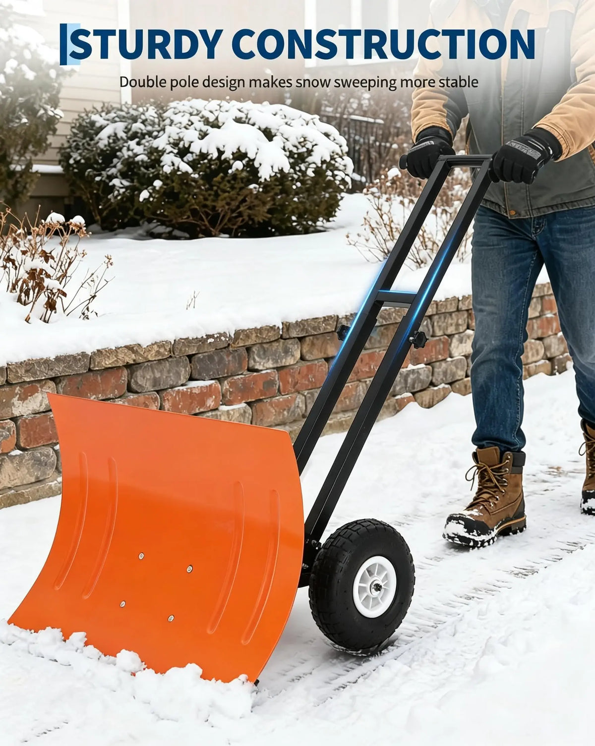 Wheeled Snow Pusher Shovel With Adjustable Handle For Driveway Clearing