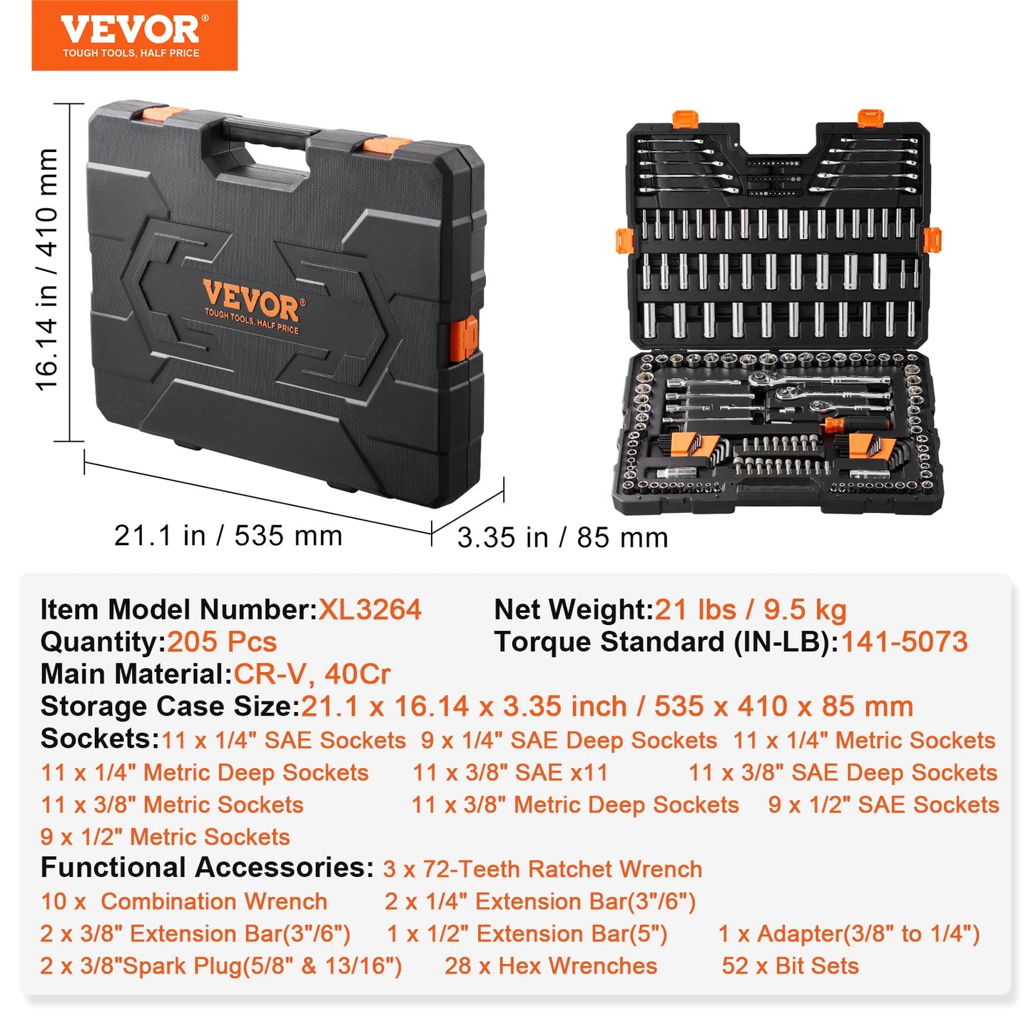 SucceBuy Mechanics Tool Set With Deep And Standard Sockets 205Pcs