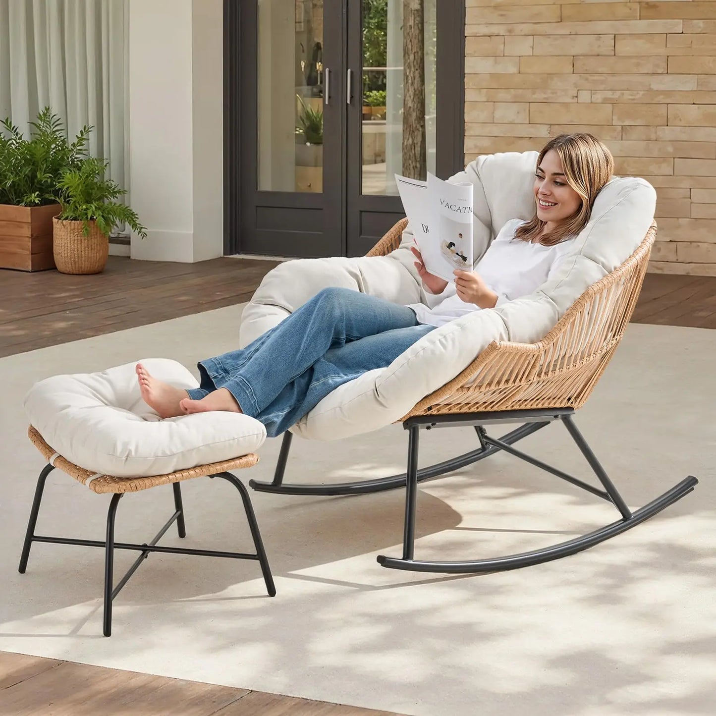 ONBRILL Oversized Papasan Rocking Chair With Ottoman Patio Lounge