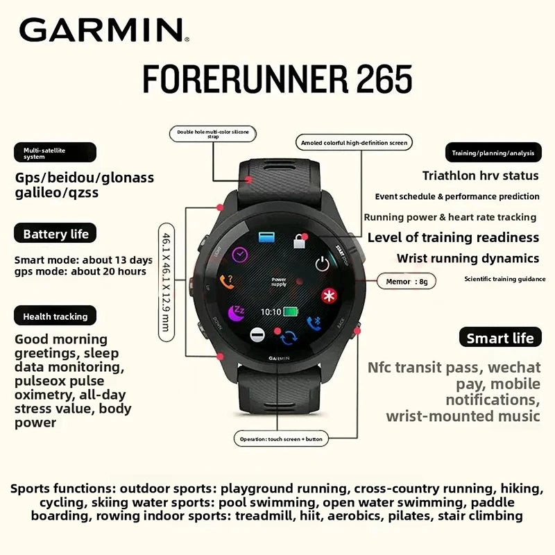 Garmin Forerunner 265 GPS Smartwatch Heart Rate Monitoring AMOLED Display