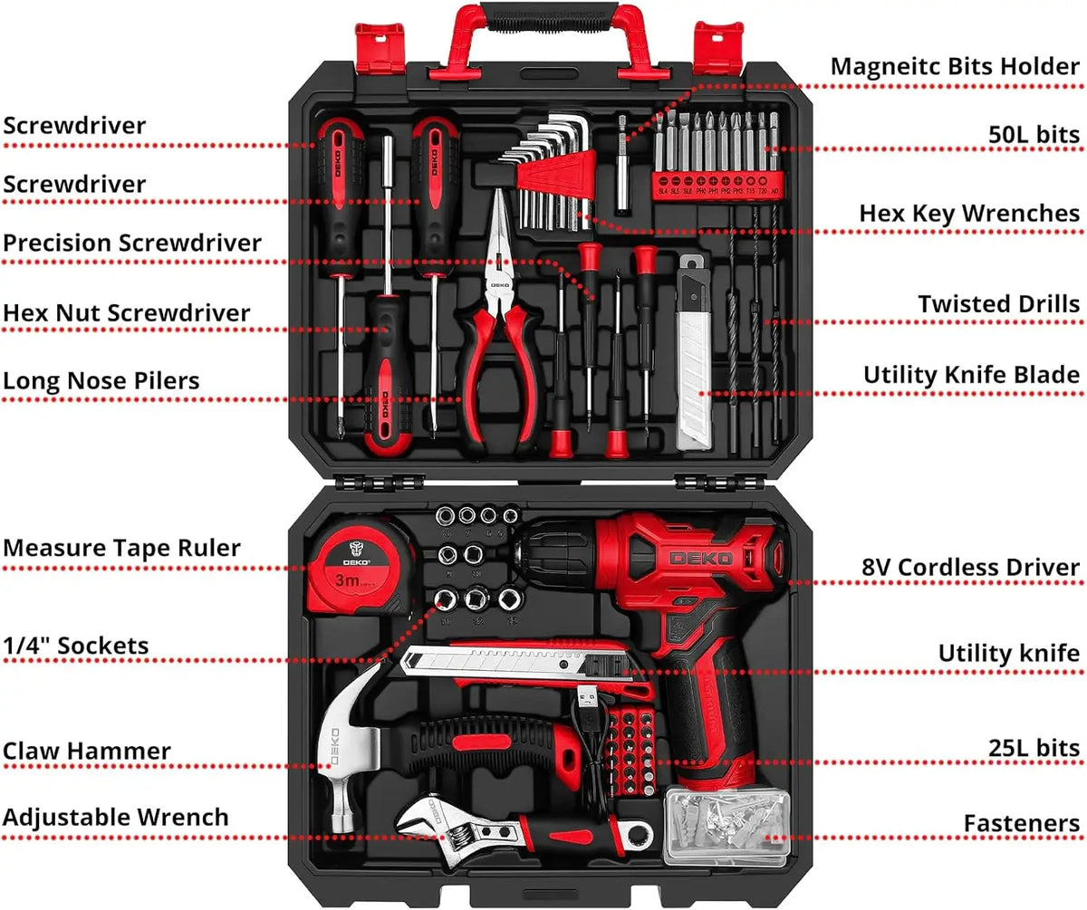 DEKO Cordless Drill Household Tool Kit With Essential Hand Tools