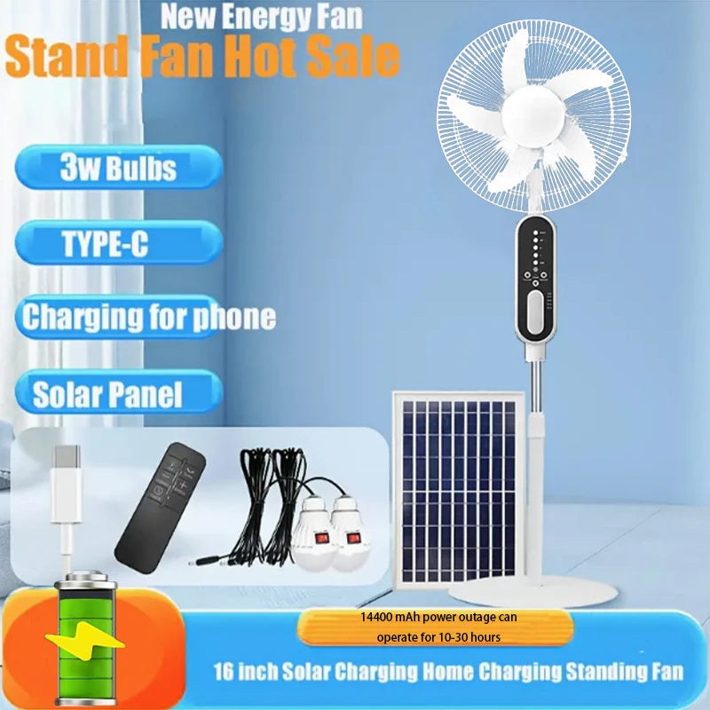 HUANJI Solar Panel Rechargeable Fan With 14400mAh Battery Remote Control