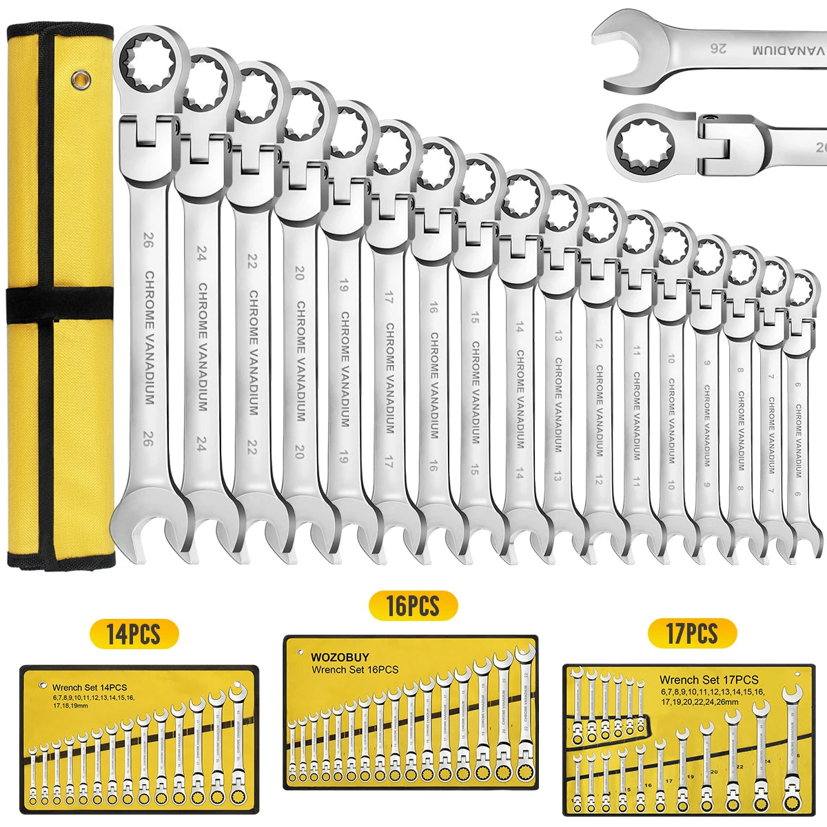 WOZOBUY Flex-Head Ratchet Wrench Set Cr-V Construction