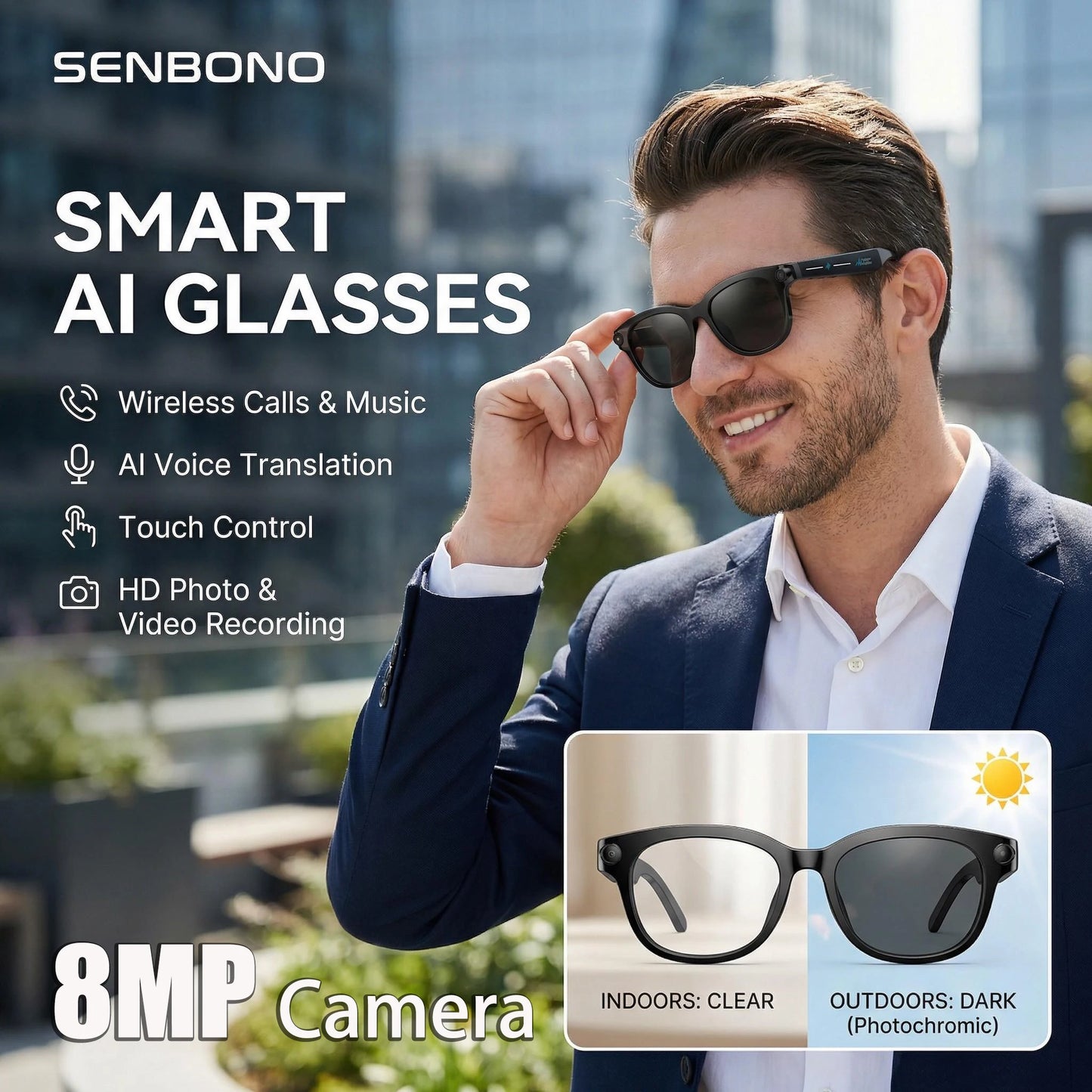 SENBONO AI Glasses With Camera 4K Video AI Translation