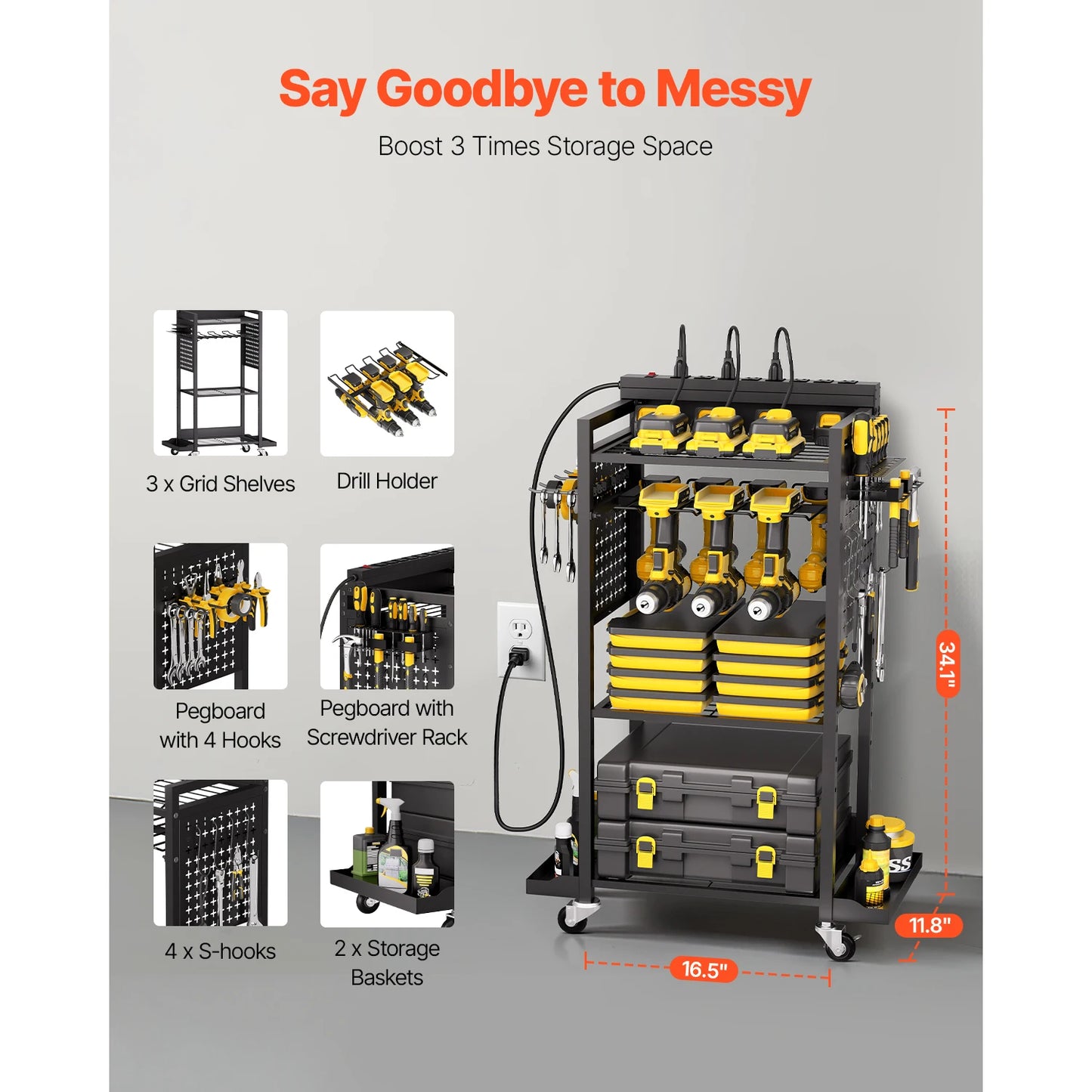 Tool Organizer Cart With Charging Station And 8 AC Outlets
