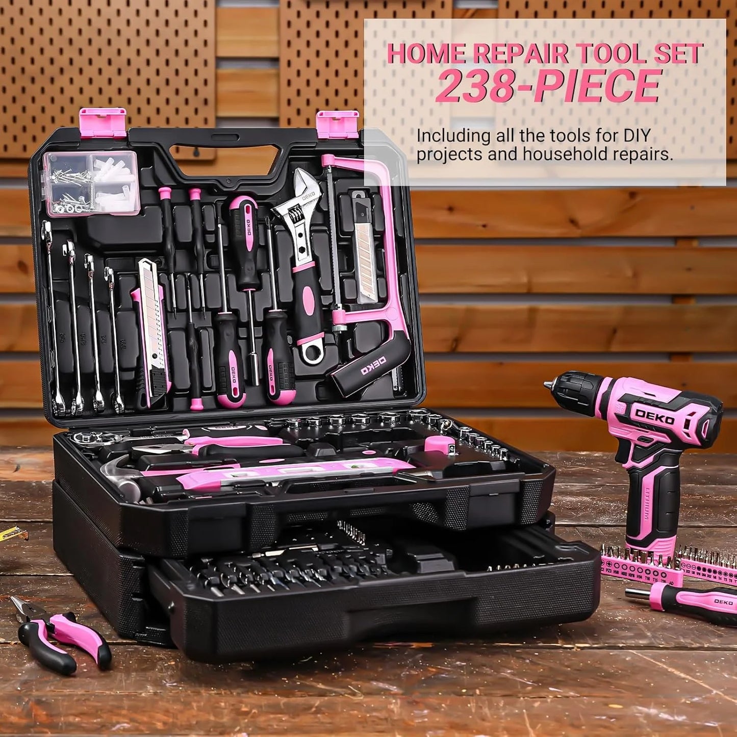 Deko 12V Cordless Drill And Home Mechanic Toolbox Storage Kit