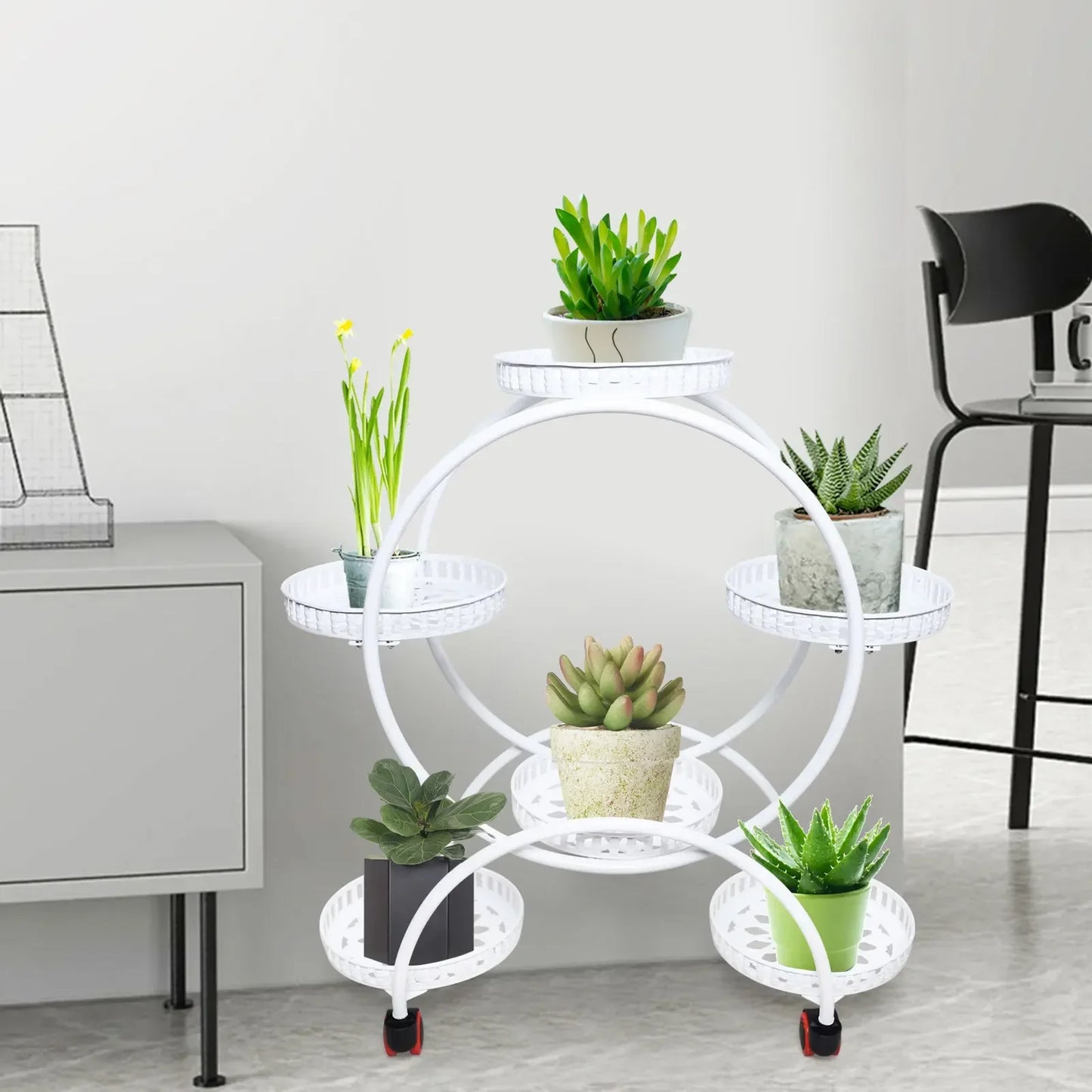 Metal Flower Rack For 6 Pots 4 Tier Display With Wheels