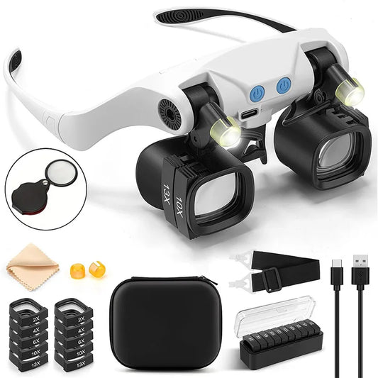 LED Head Mounted Magnifying Glass with Interchangeable Lenses for Repair Tasks