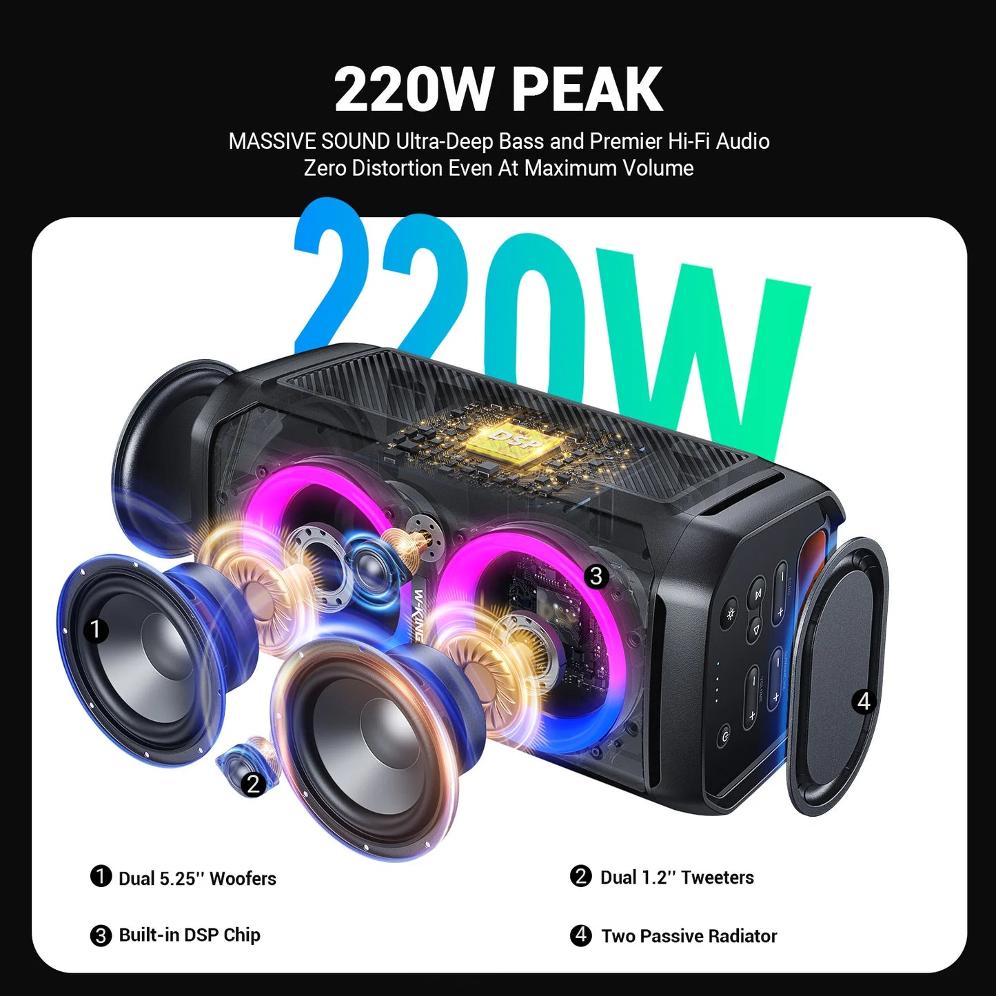 W-King 100W RMS Bluetooth Speaker IPX6 Waterproof Portable Boombox