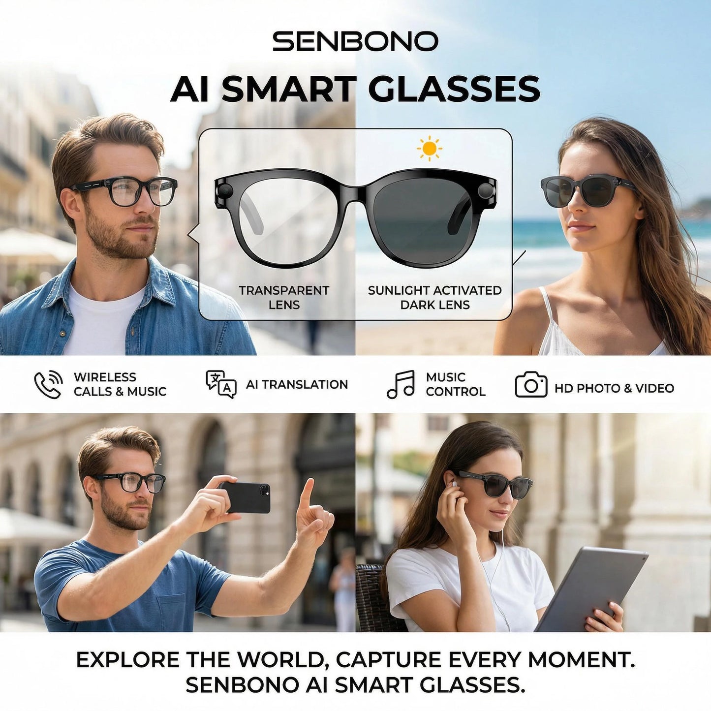 SENBONO AI Glasses With Camera 4K Video AI Translation