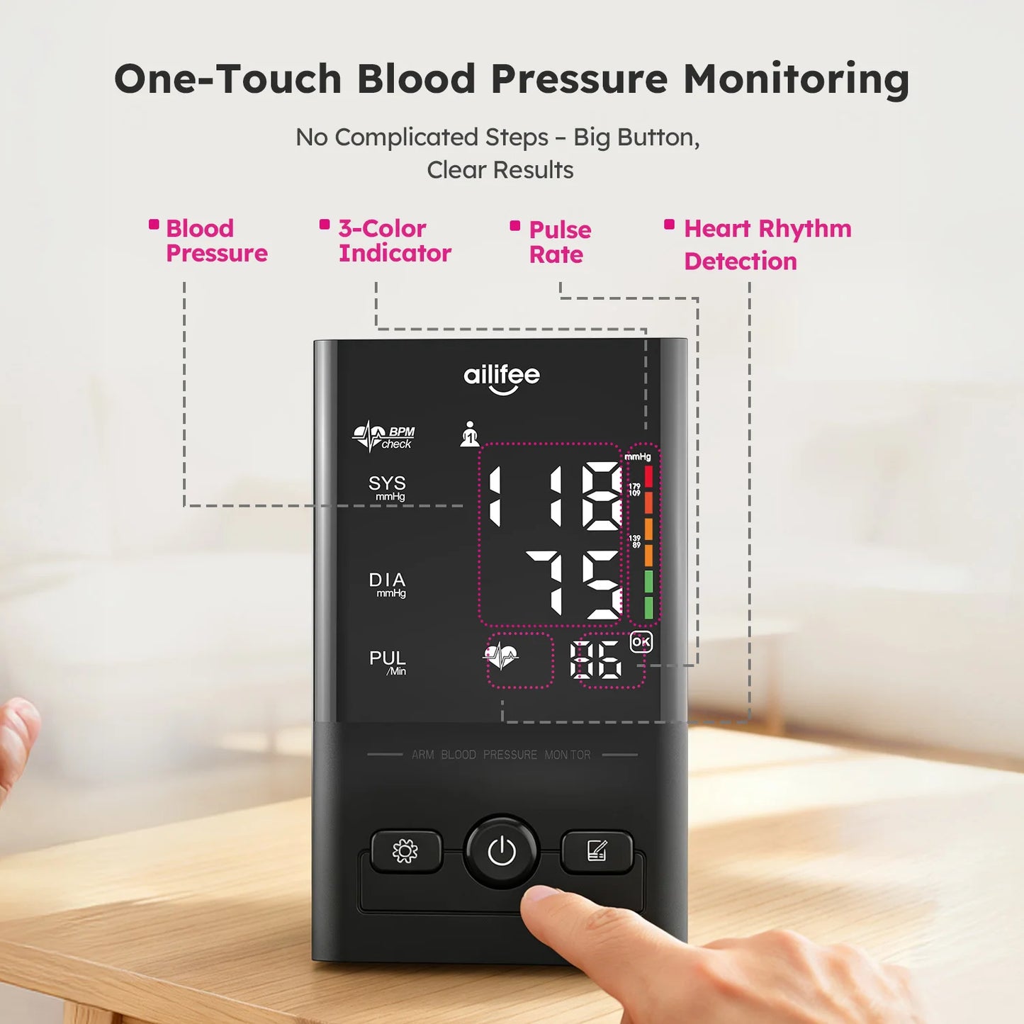 AILIFEE Upper Arm Blood Pressure Monitor with Backlit LED Display
