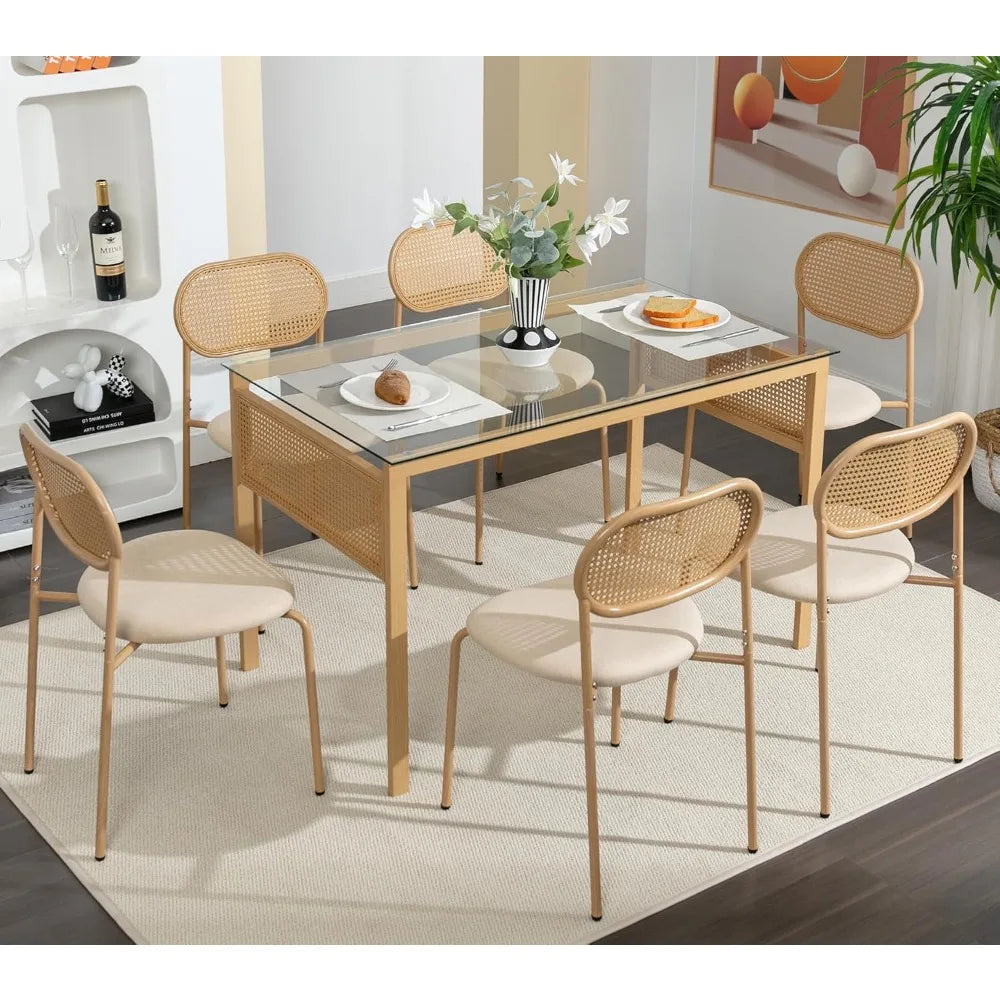 Boho Outdoor Dining Chairs Set of 6 With Rattan Back